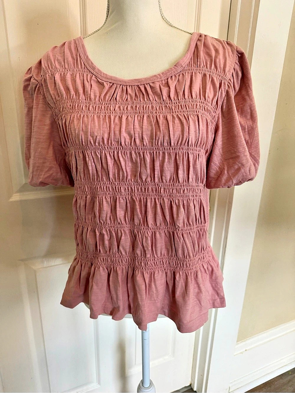 Jane + Delancey Smocked Puff Sleeve Blouse in Pink Size XL